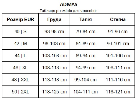 ADMAS підбираємо розмір за обхватом грудей, талії, стегон