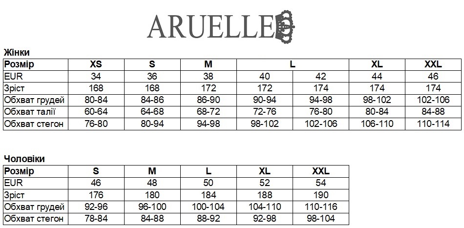 Aruelle підбираємо розмір за зростом, обхватом грудей, талії, стегон