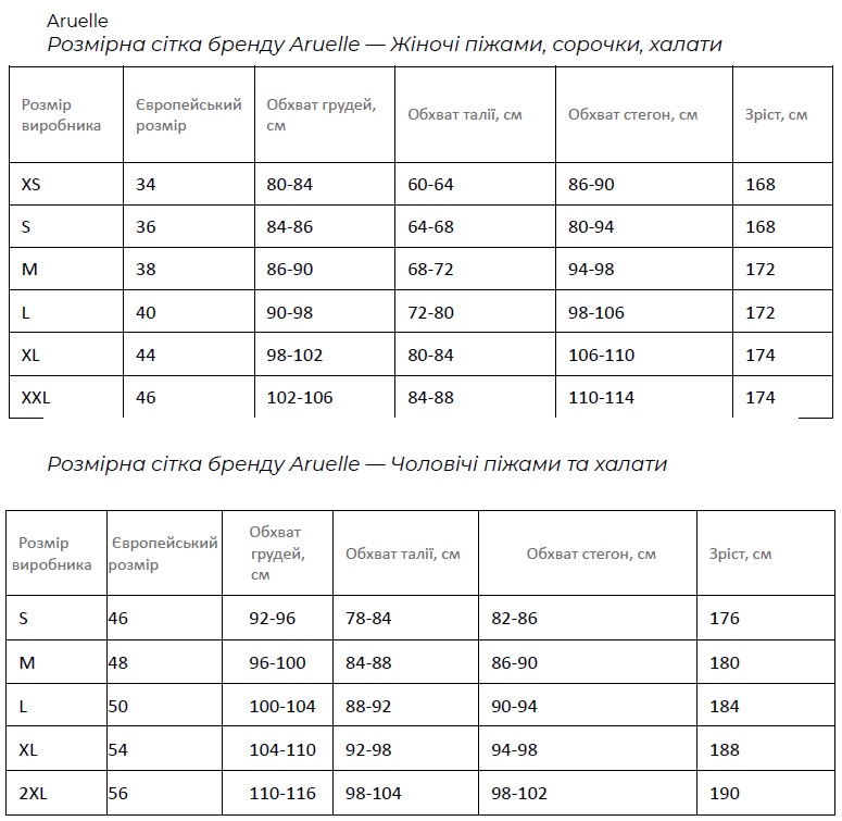 Aruelle підбираємо розмір за зростом, обхватом грудей, талії, стегон