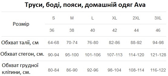 Ava труси підбираємо розмір за обхватом грудей, талії та стегон