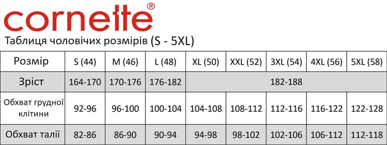 Cornette для чоловіків - підбираємо розмір за обхватом грудей, талії та зростом