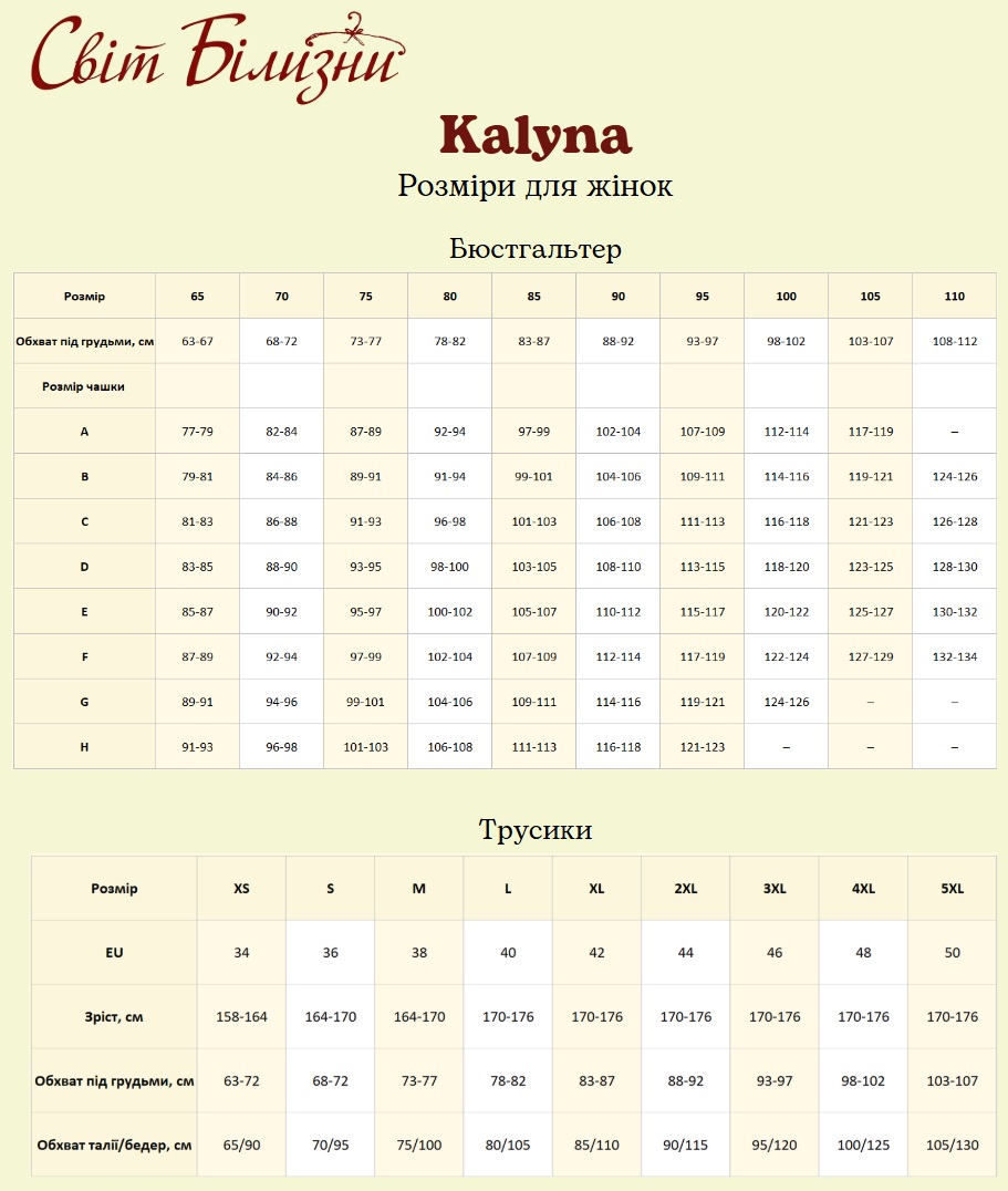 Таблиця розмірів Kalyna, підбираємо розмір