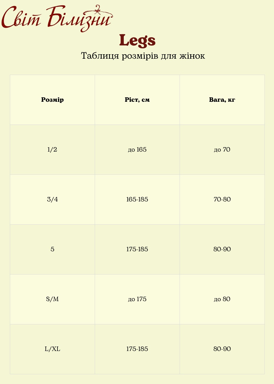Legs таблиця розмірів