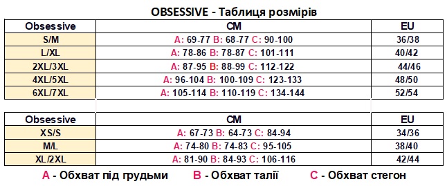 Obsessive підбираємо розмір за обхватом грудей, талії та стегон