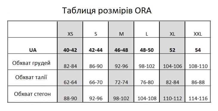 ORA підбираємо розмір за обхватом грудей, талії та стегон