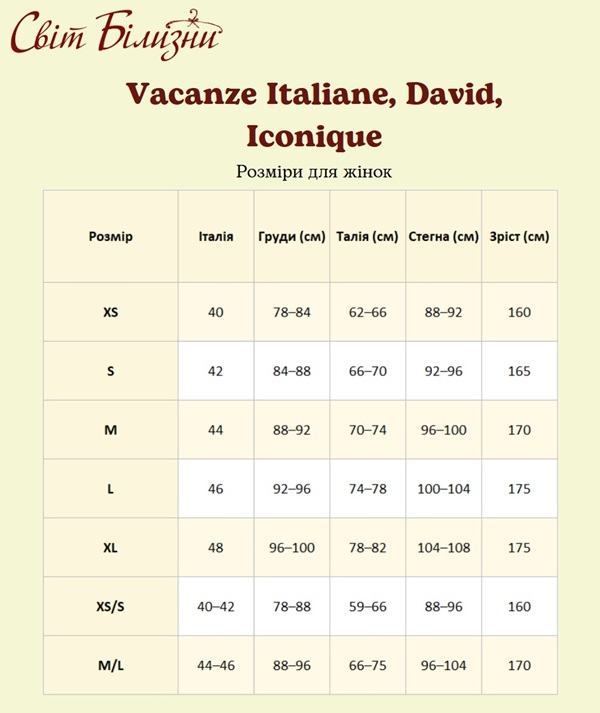 Vacanze Italiane підбираємо розмір